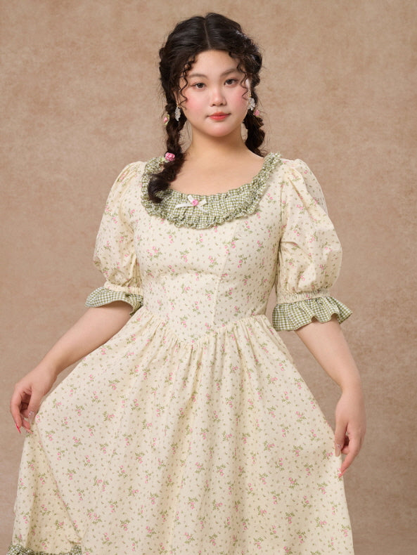 Plus Size Green Gingham Cottagecore Floral Dress