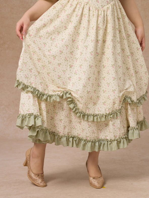 Plus Size Green Gingham Cottagecore Floral Dress