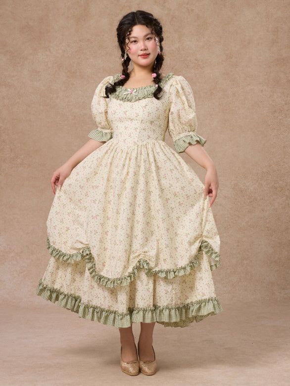 Plus Size Green Gingham Cottagecore Floral Dress