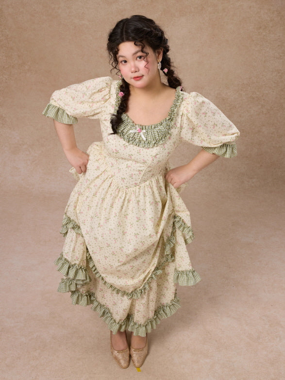 Plus Size Green Gingham Cottagecore Floral Dress