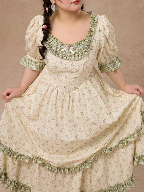 Plus Size Green Gingham Cottagecore Floral Dress