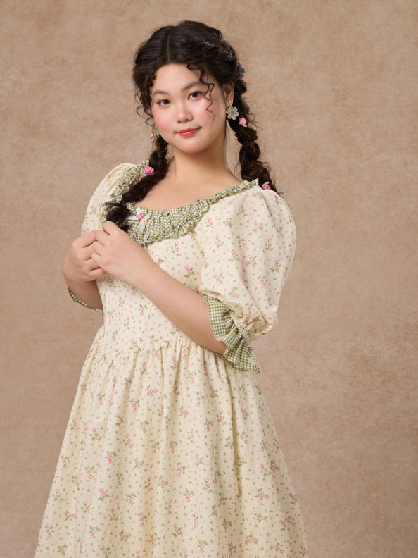Plus Size Green Gingham Cottagecore Floral Dress