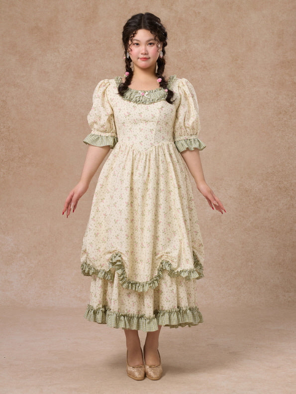 Plus Size Green Gingham Cottagecore Floral Dress