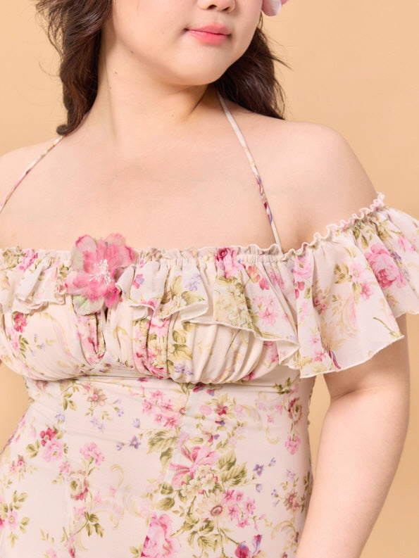 Romantic Blossom Ruffle Off-Shoulder Dress