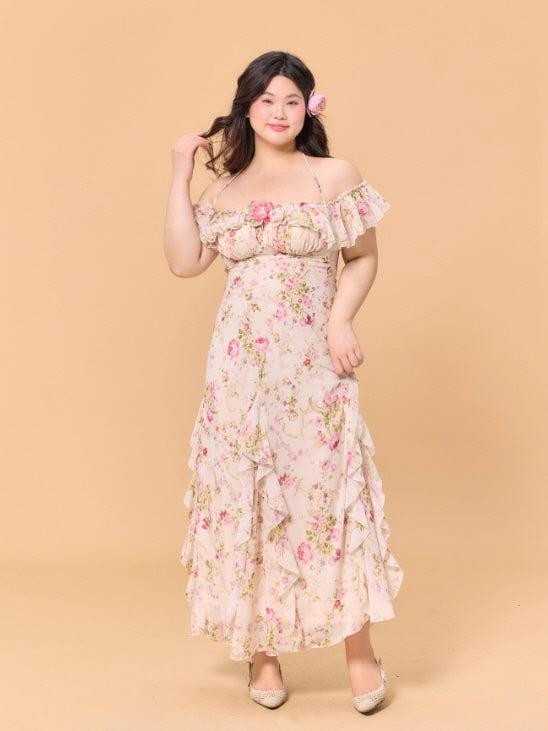 Romantic Blossom Ruffle Off-Shoulder Dress
