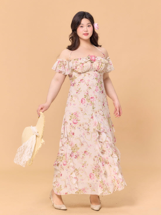 Romantic Blossom Ruffle Off-Shoulder Dress