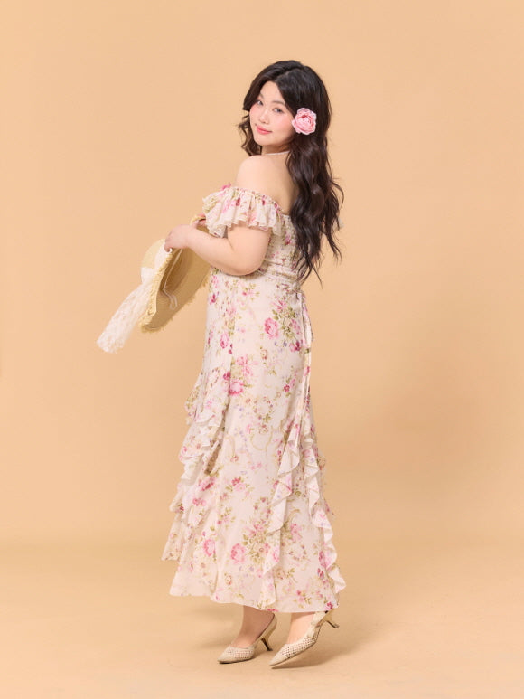 Romantic Blossom Ruffle Off-Shoulder Dress