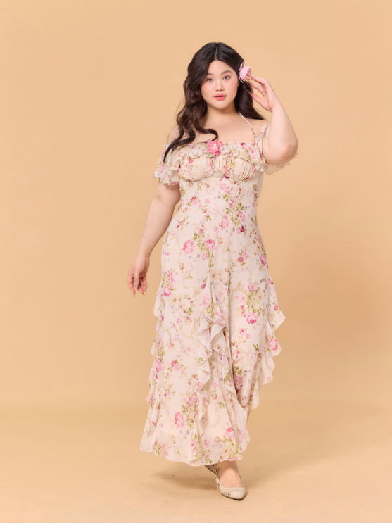 Romantic Blossom Ruffle Off-Shoulder Dress