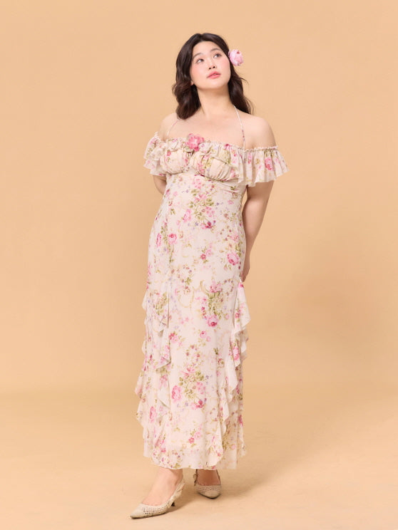 Romantic Blossom Ruffle Off-Shoulder Dress