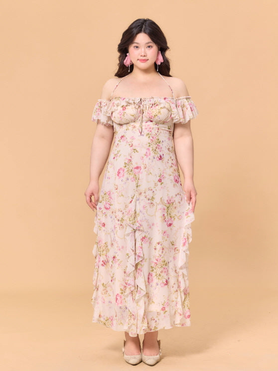Romantic Blossom Ruffle Off-Shoulder Dress