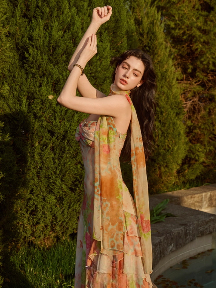 Sunset Garden Chiffon Maxi Dress