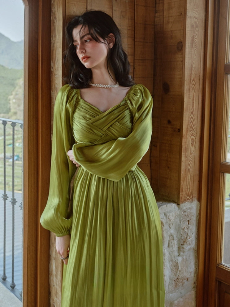 Emerald Glow Vintage Satin Dress