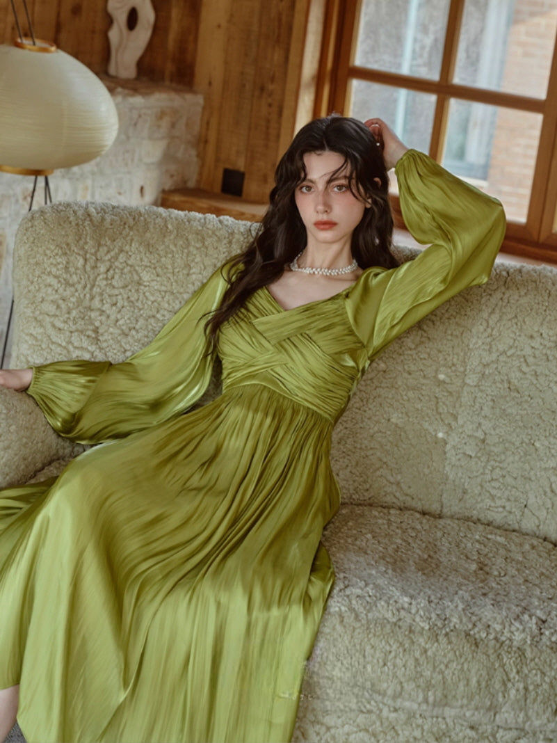 Emerald Glow Vintage Satin Dress