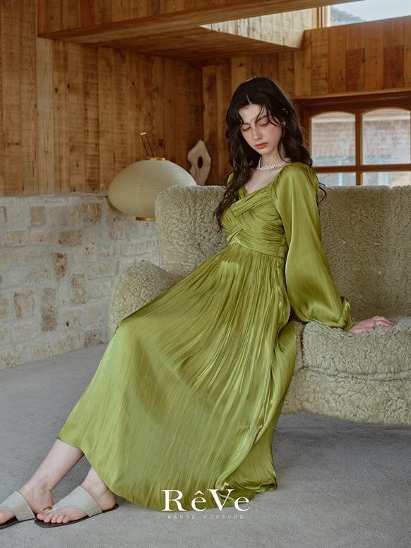 Emerald Glow Vintage Satin Dress