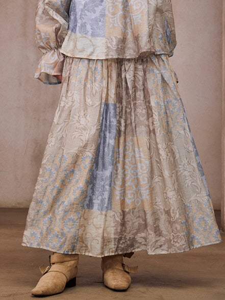 Vintage Patchwork Off-Shoulder Blouse & Skirt
