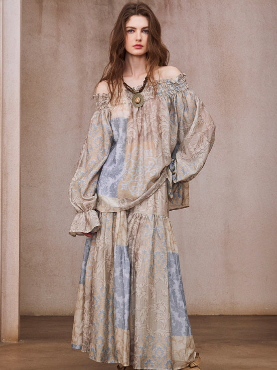 Vintage Patchwork Off-Shoulder Blouse & Skirt