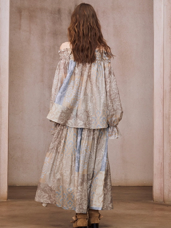 Vintage Patchwork Off-Shoulder Blouse & Skirt