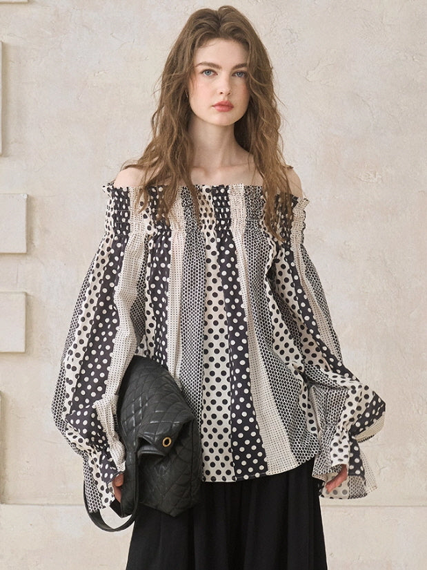Vintage Polka Dot Off-Shoulder Blouse
