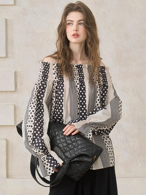 Vintage Polka Dot Off-Shoulder Blouse