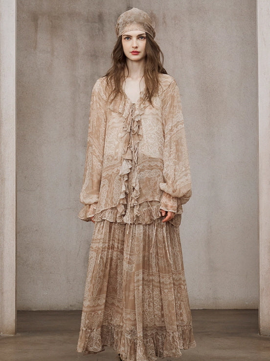 Romantic Beige Lace Blouse & Skirt