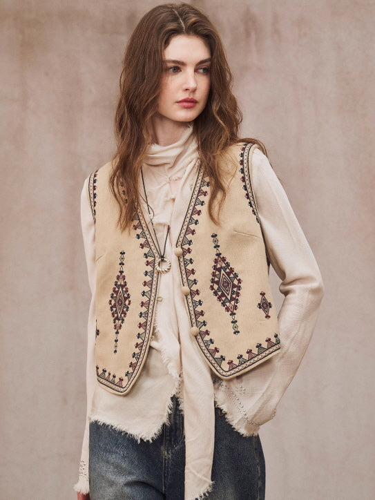 Vintage Embroidered Linen Blend Vest