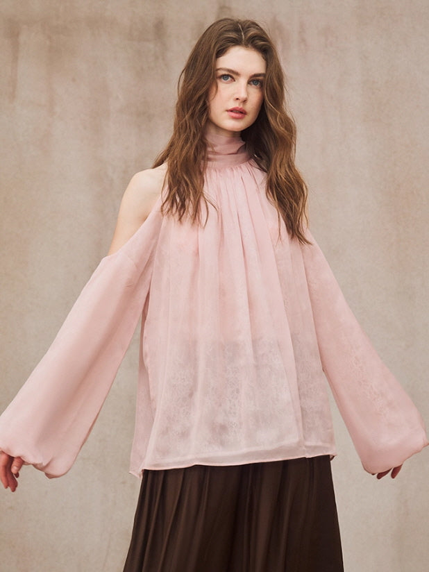 Blush Cold-Shoulder Chiffon Blouse