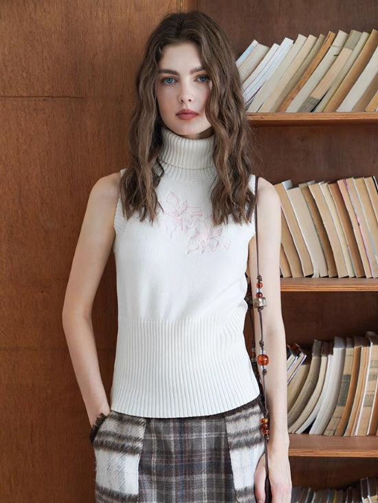 White Embroidered Turtleneck Knit Top