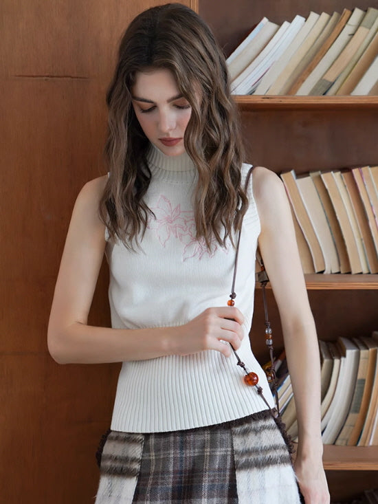White Embroidered Turtleneck Knit Top