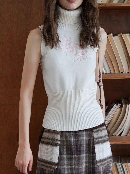 White Embroidered Turtleneck Knit Top