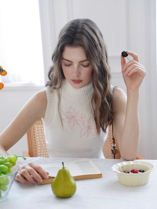 White Embroidered Turtleneck Knit Top