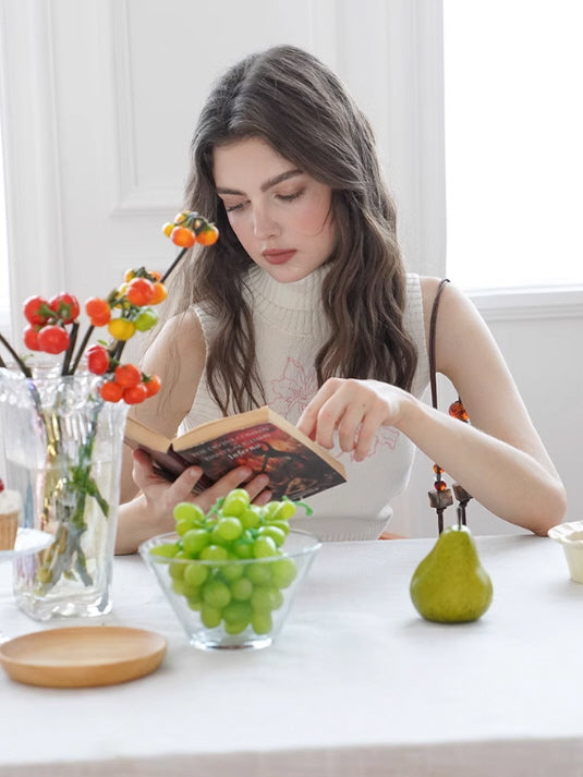 White Embroidered Turtleneck Knit Top