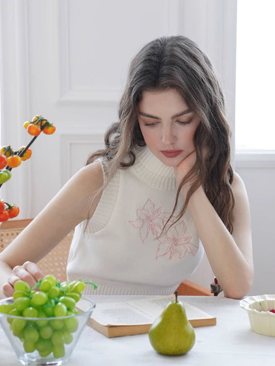 White Embroidered Turtleneck Knit Top