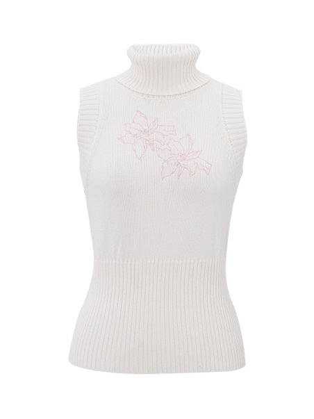 White Embroidered Turtleneck Knit Top