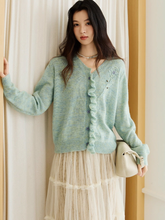 Romantic Ruffle Floral Embroidered Cardigan