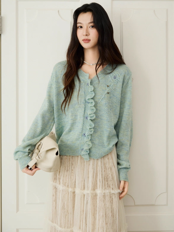 Romantic Ruffle Floral Embroidered Cardigan