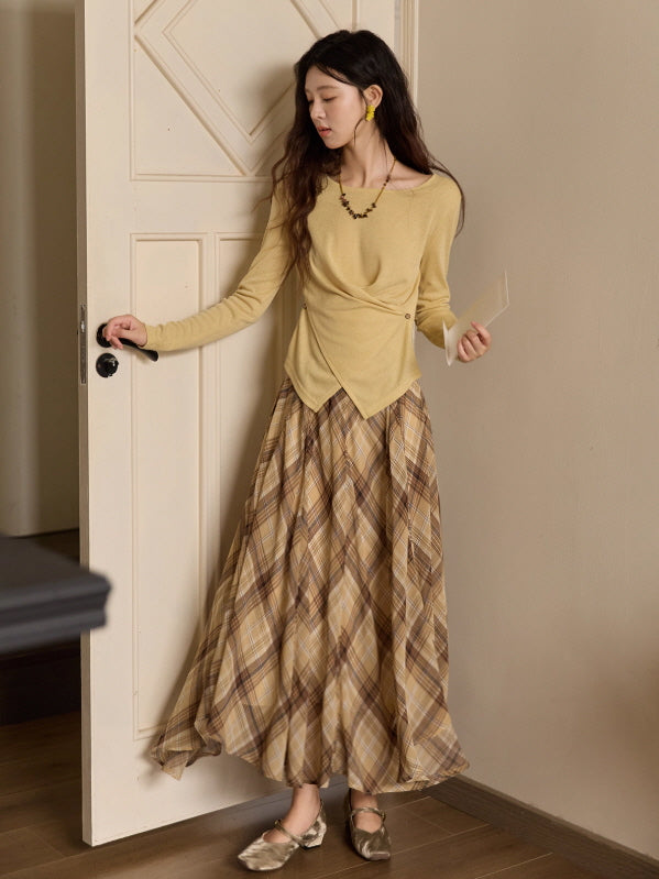 Autumn Vintage Plaid Flow Skirt
