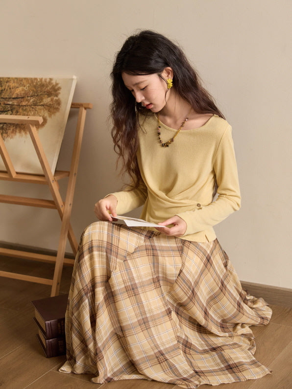 Autumn Vintage Plaid Flow Skirt