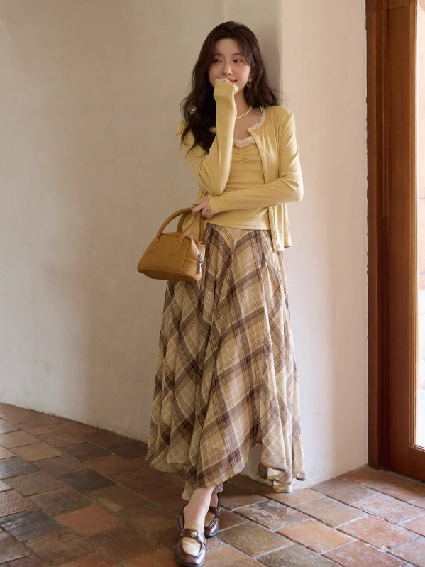 Autumn Vintage Plaid Flow Skirt