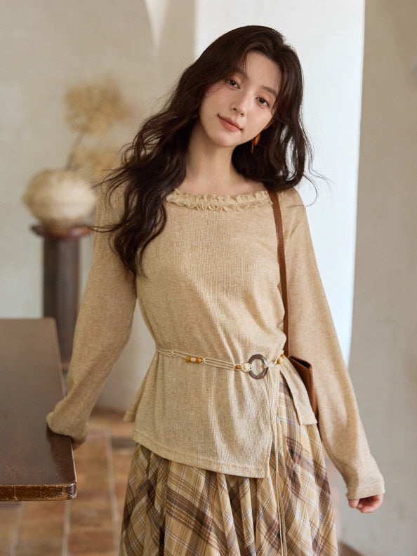 Apricot Ruffle Collar Knit Top with Bohemian Belt