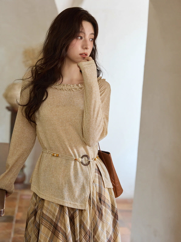 Apricot Ruffle Collar Knit Top with Bohemian Belt