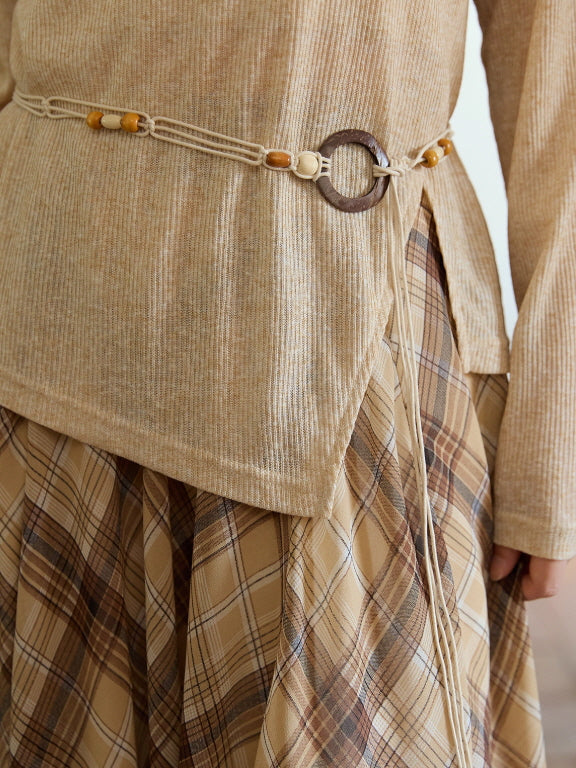 Apricot Ruffle Collar Knit Top with Bohemian Belt