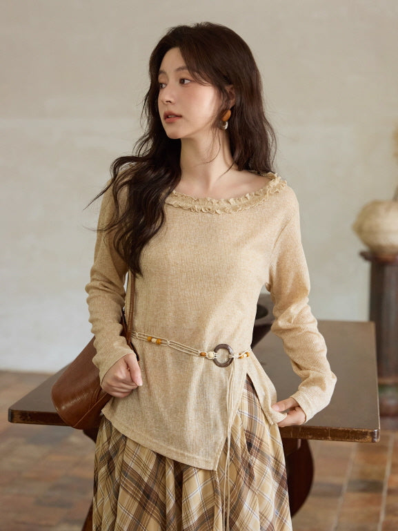 Apricot Ruffle Collar Knit Top with Bohemian Belt