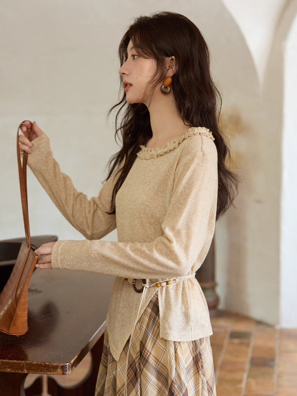 Apricot Ruffle Collar Knit Top with Bohemian Belt