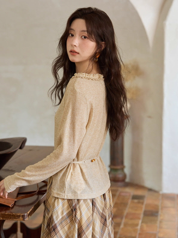 Apricot Ruffle Collar Knit Top with Bohemian Belt