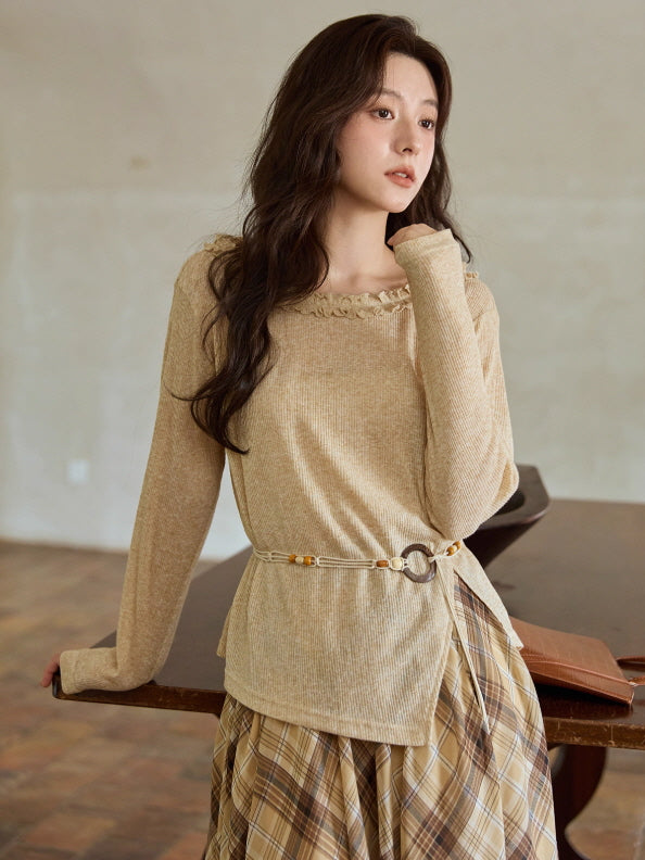 Apricot Ruffle Collar Knit Top with Bohemian Belt