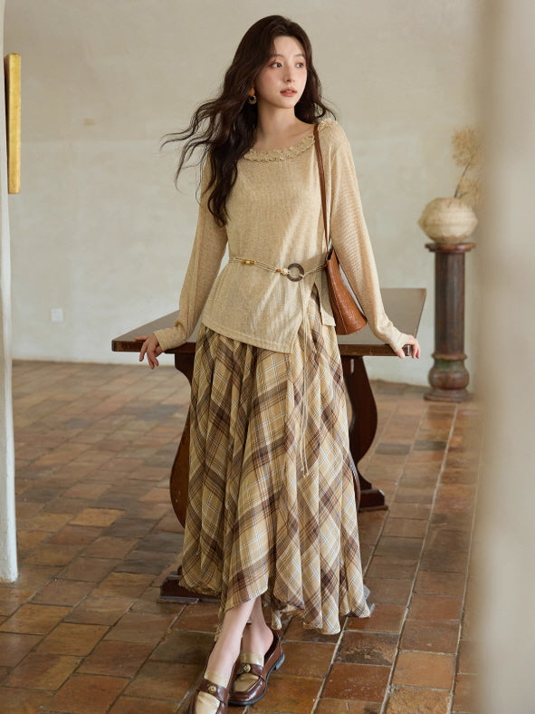 Apricot Ruffle Collar Knit Top with Bohemian Belt