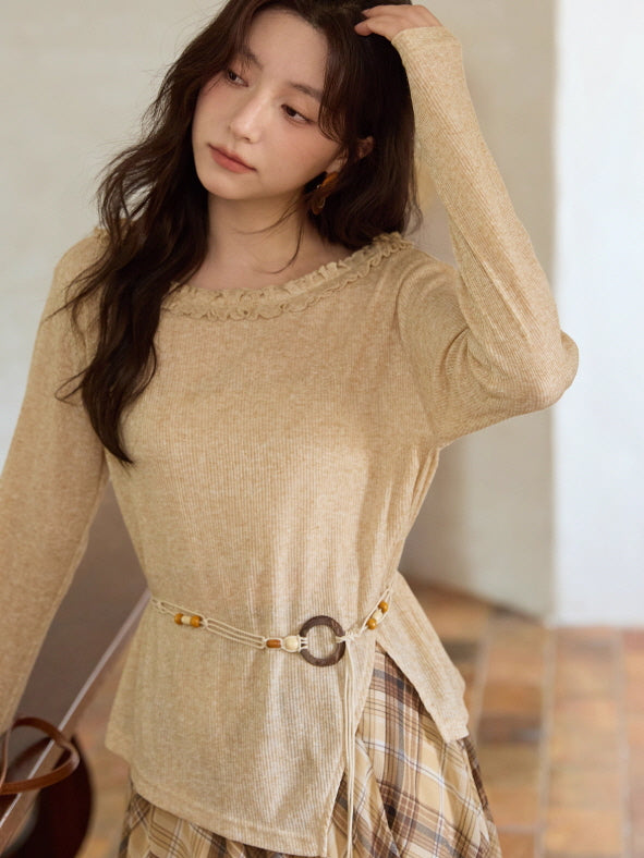 Apricot Ruffle Collar Knit Top with Bohemian Belt