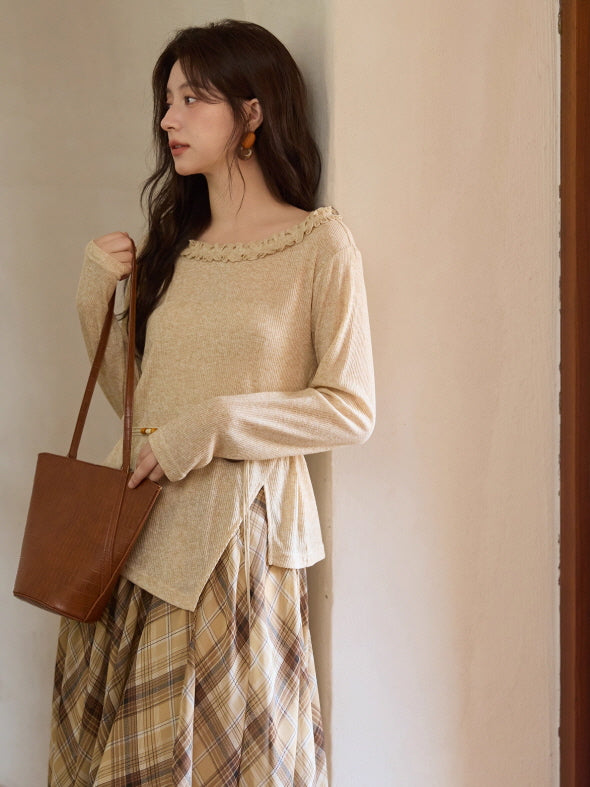 Apricot Ruffle Collar Knit Top with Bohemian Belt
