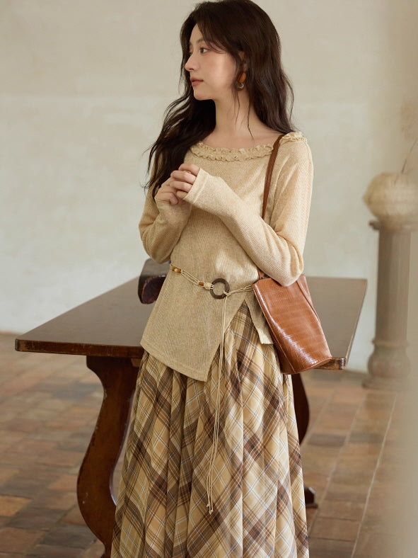 Apricot Ruffle Collar Knit Top with Bohemian Belt