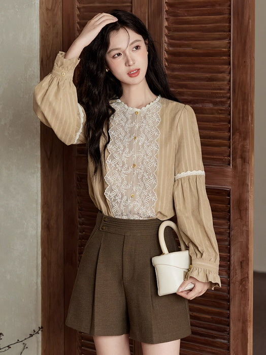 Vintage Beige Lace Panel Blouse